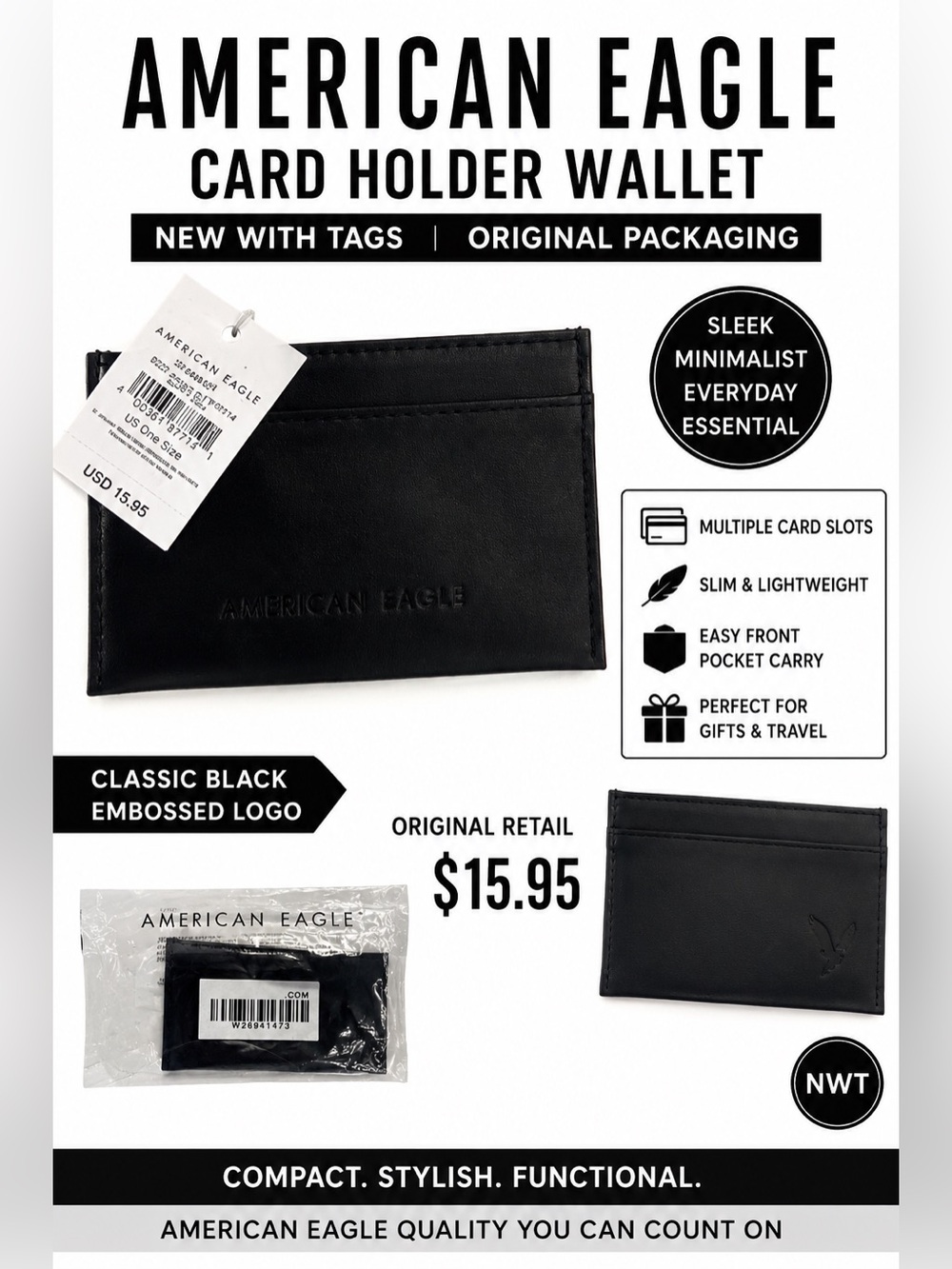 American Eagle Black Logo Credit Card Holder Wallet NWT - Picture 1 of 10